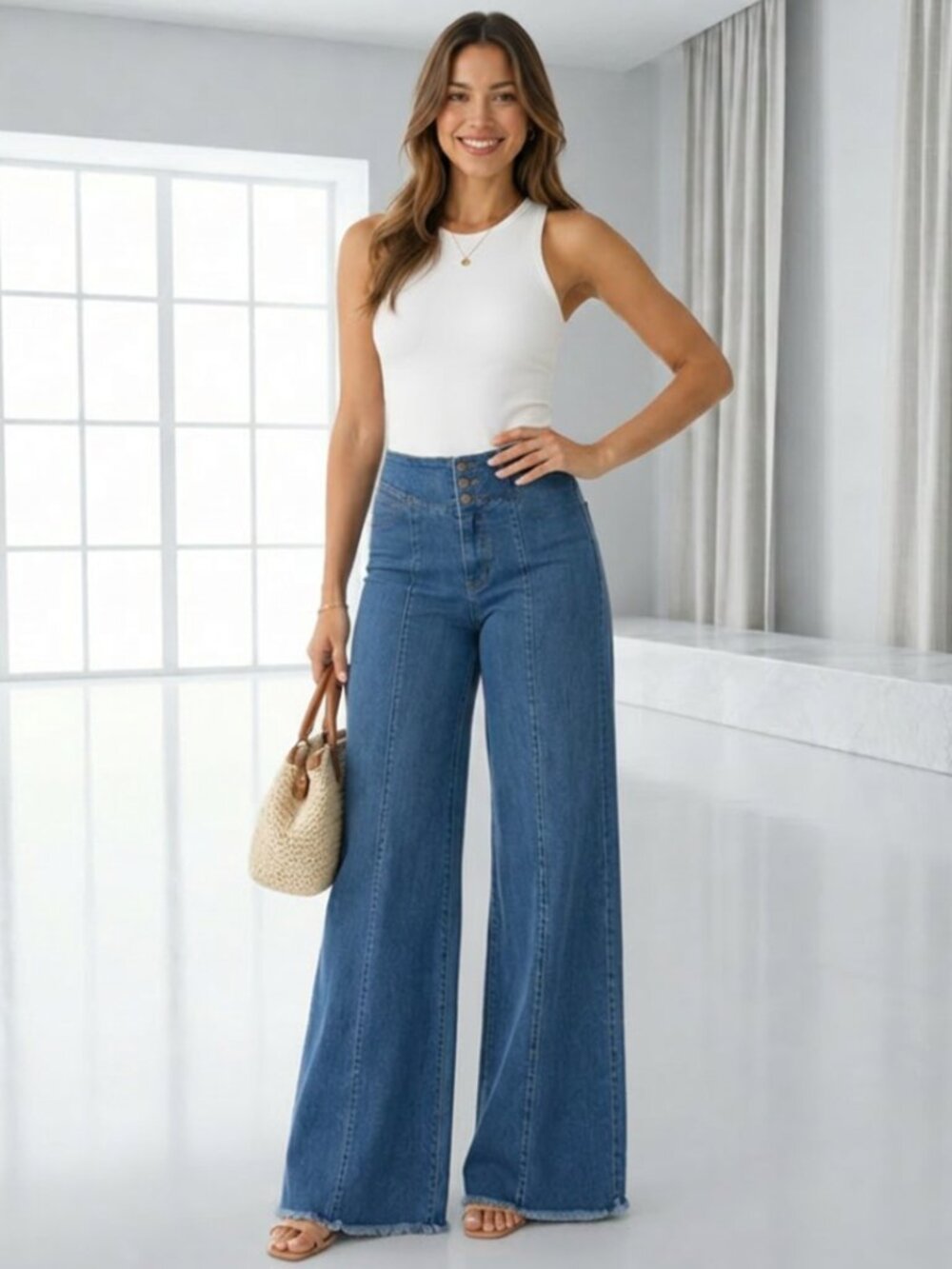 O2 Front Seam Wide Leg Denim Jeans Size 27 Hollywood USA High Rise Boho Wide Leg